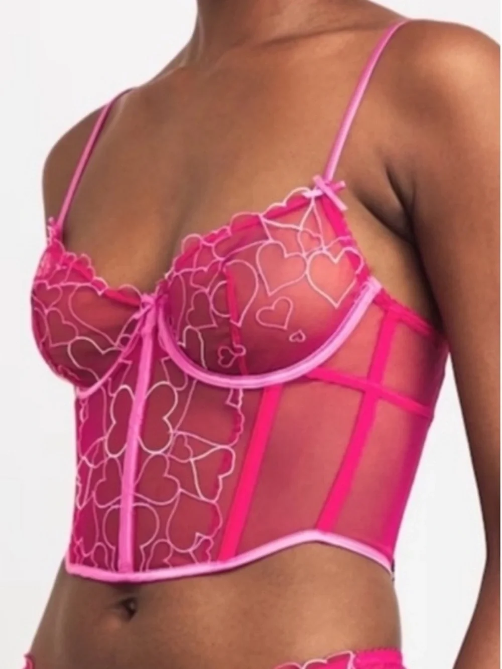 NWT SKIMS Embroidered Tulle Corset Top Pink Punch Hearts Size Large - Picture 1 of 4